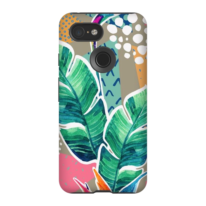Pixel 3 StrongFit Tropical Flowers Watercolors with Geometric Outline by ArtsCase