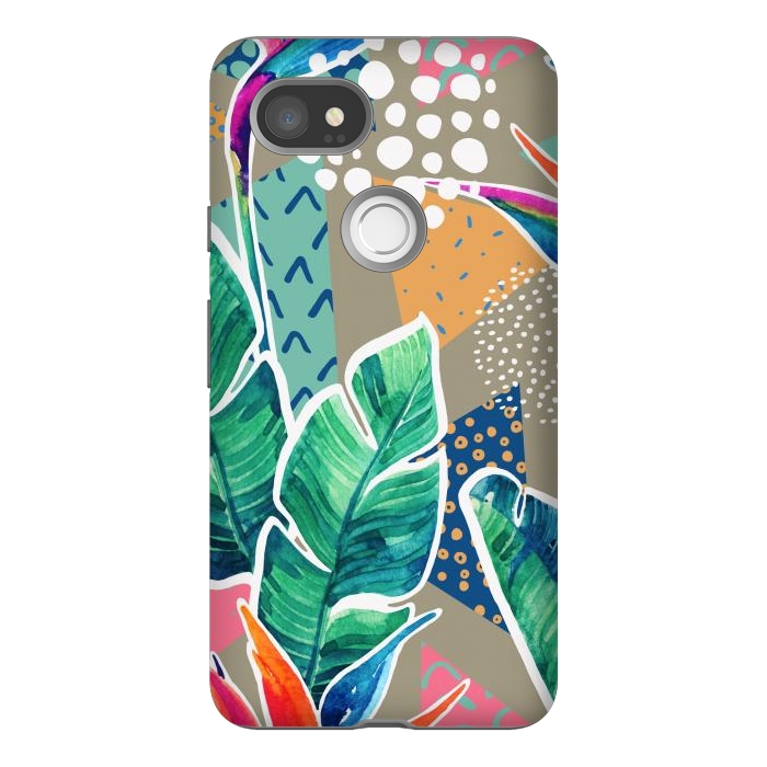 Pixel 2XL StrongFit Tropical Flowers Watercolors with Geometric Outline by ArtsCase