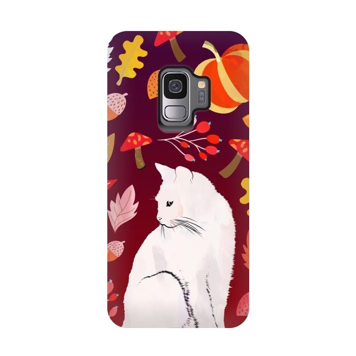 Galaxy S9 StrongFit White cat and autumn nature pattern by Oana 