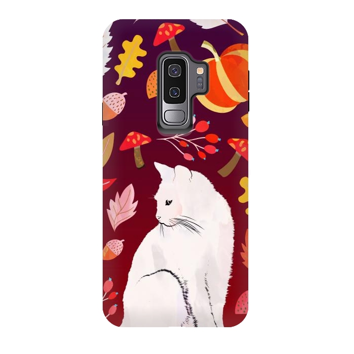 Galaxy S9 plus StrongFit White cat and autumn nature pattern by Oana 