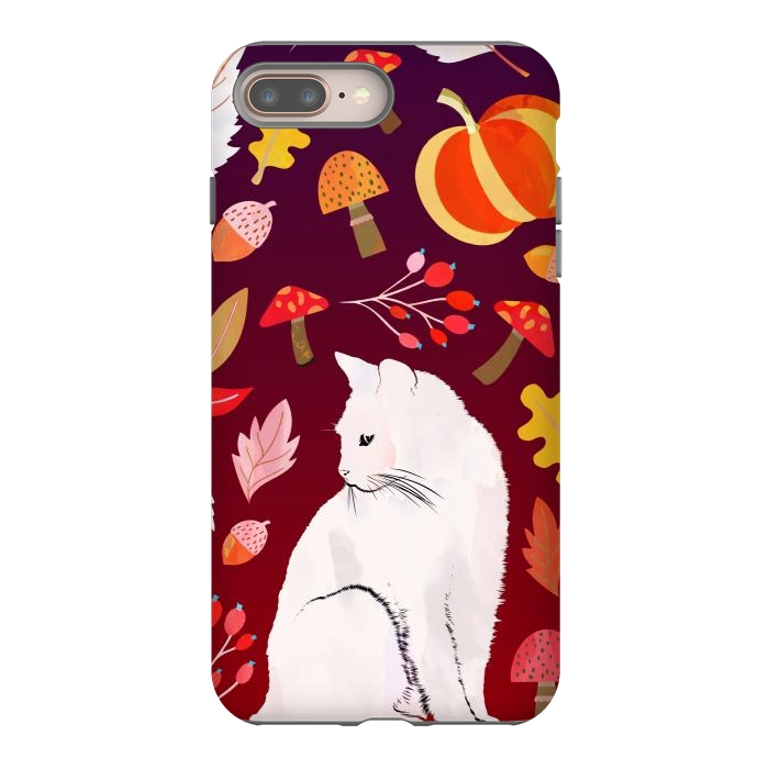 iPhone 8 plus StrongFit White cat and autumn nature pattern by Oana 