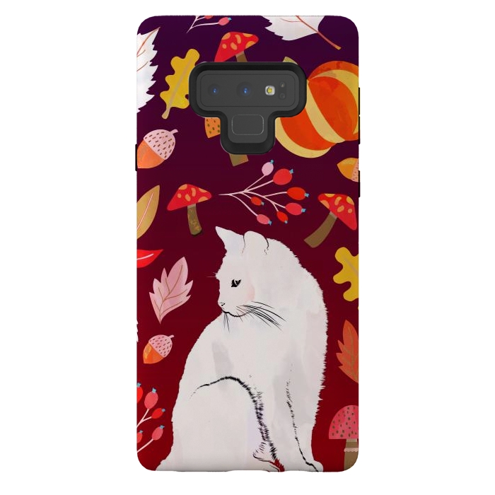 Galaxy Note 9 StrongFit White cat and autumn nature pattern by Oana 
