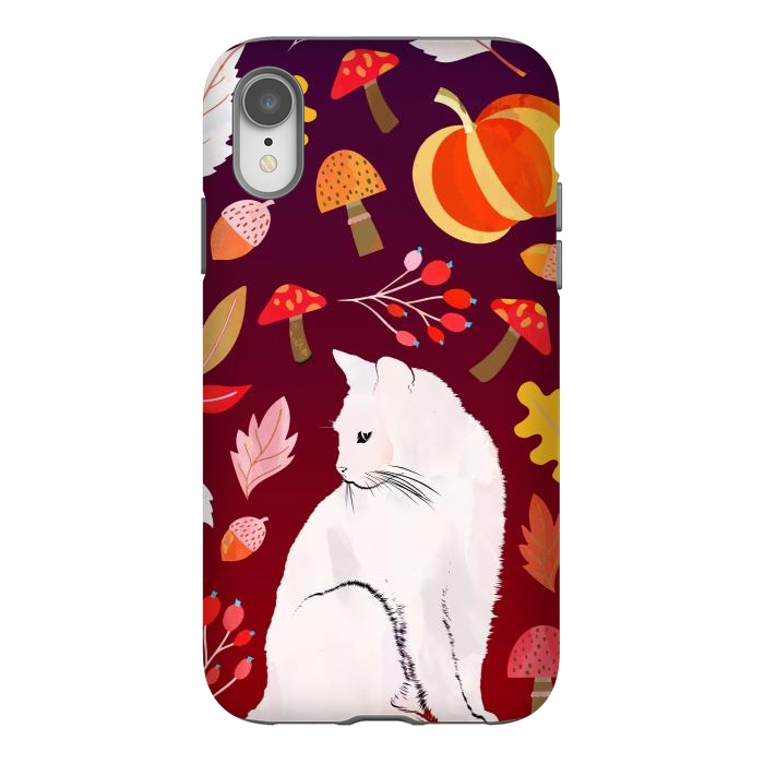 iPhone Xr StrongFit White cat and autumn nature pattern by Oana 