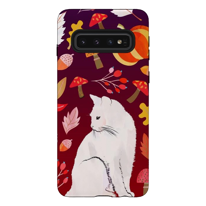 Galaxy S10 StrongFit White cat and autumn nature pattern by Oana 