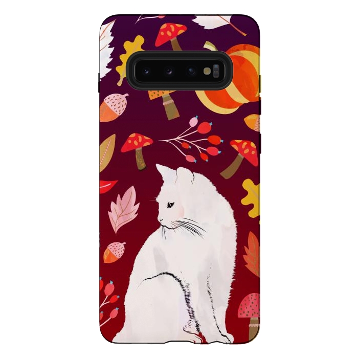 Galaxy S10 plus StrongFit White cat and autumn nature pattern by Oana 