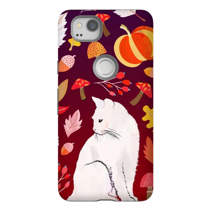 Pixel 2 StrongFit White cat and autumn nature pattern by Oana 