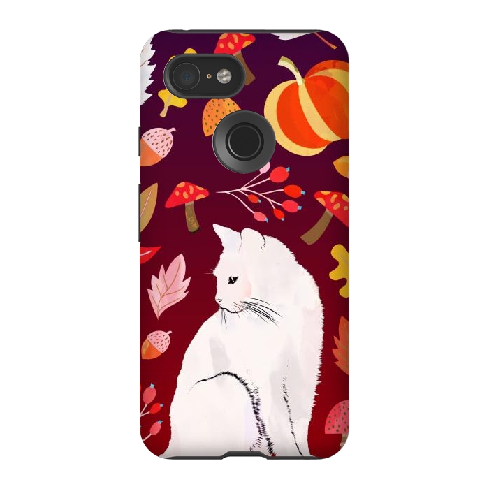 Pixel 3 StrongFit White cat and autumn nature pattern by Oana 