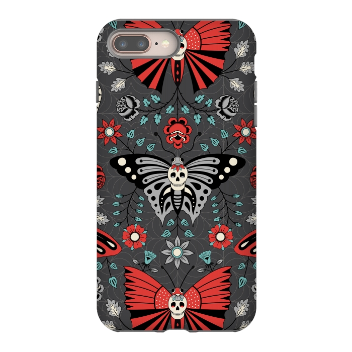 iPhone 7 plus StrongFit Gothic Halloween Skulls, Butterflies Flowers on a dark gray background by Portia Monberg