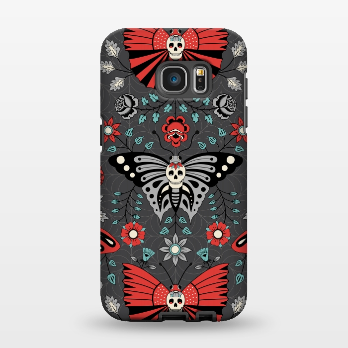 Galaxy S7 EDGE StrongFit Gothic Halloween Skulls, Butterflies Flowers on a dark gray background by Portia Monberg