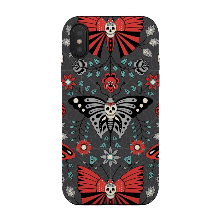 iPhone Xs / X StrongFit Gothic Halloween Skulls, Butterflies Flowers on a dark gray background by Portia Monberg