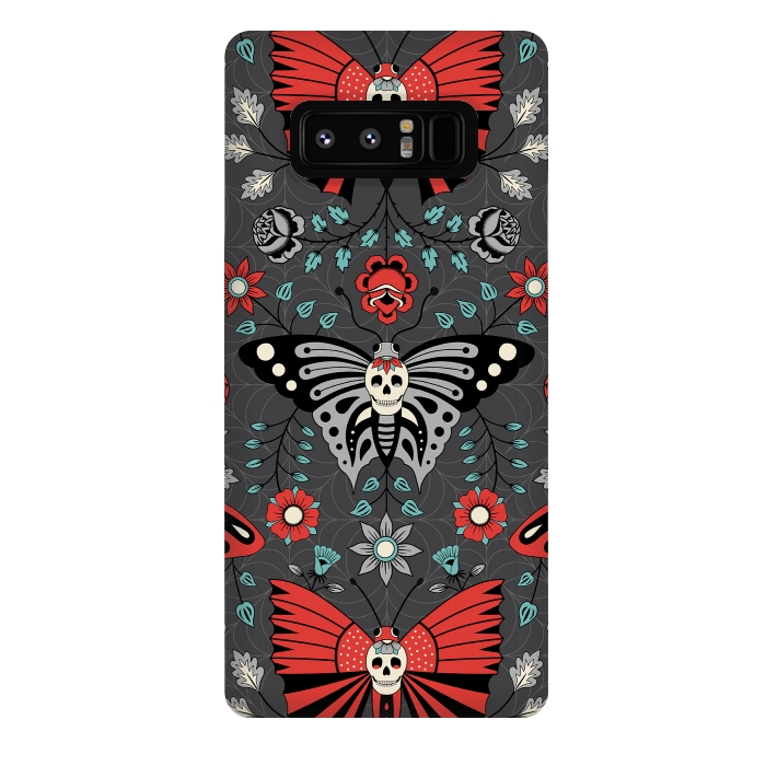 Galaxy Note 8 StrongFit Gothic Halloween Skulls, Butterflies Flowers on a dark gray background by Portia Monberg
