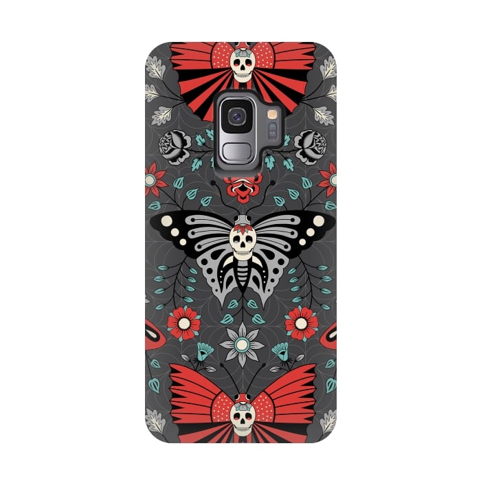 Galaxy S9 StrongFit Gothic Halloween Skulls, Butterflies Flowers on a dark gray background by Portia Monberg