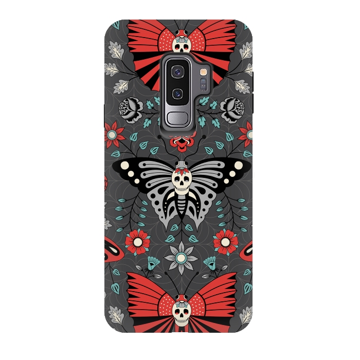 Galaxy S9 plus StrongFit Gothic Halloween Skulls, Butterflies Flowers on a dark gray background by Portia Monberg