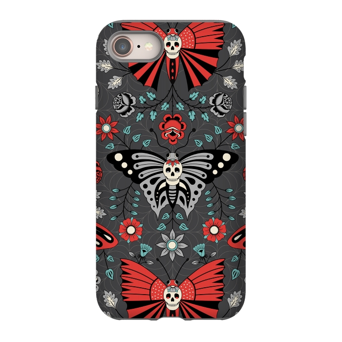 iPhone 8 StrongFit Gothic Halloween Skulls, Butterflies Flowers on a dark gray background by Portia Monberg