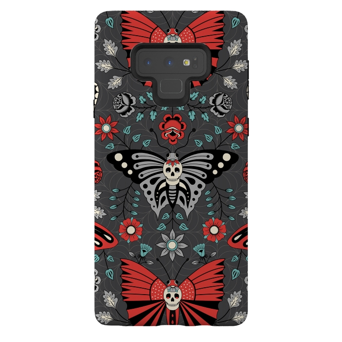 Galaxy Note 9 StrongFit Gothic Halloween Skulls, Butterflies Flowers on a dark gray background by Portia Monberg