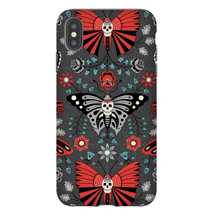 iPhone Xs Max StrongFit Gothic Halloween Skulls, Butterflies Flowers on a dark gray background by Portia Monberg