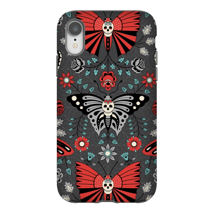 iPhone Xr StrongFit Gothic Halloween Skulls, Butterflies Flowers on a dark gray background by Portia Monberg