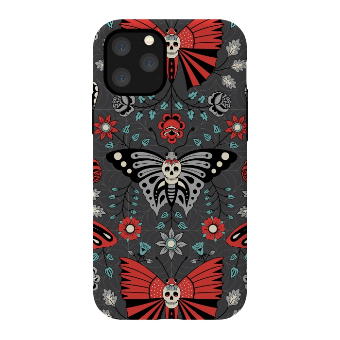 iPhone 11 Pro StrongFit Gothic Halloween Skulls, Butterflies Flowers on a dark gray background by Portia Monberg
