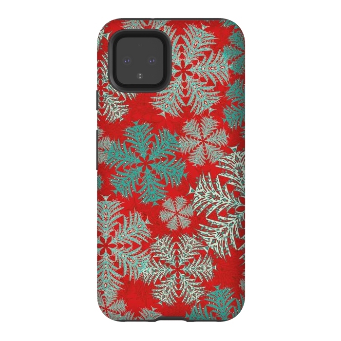 Pixel 4 StrongFit Xmas Snowflakes Red Aqua by Lotti Brown