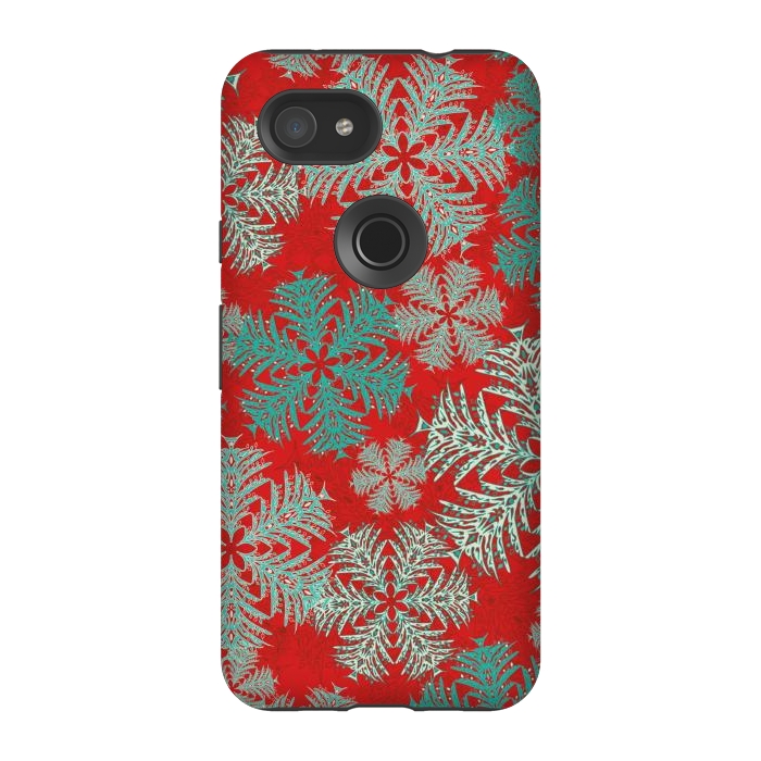 Pixel 3A StrongFit Xmas Snowflakes Red Aqua by Lotti Brown