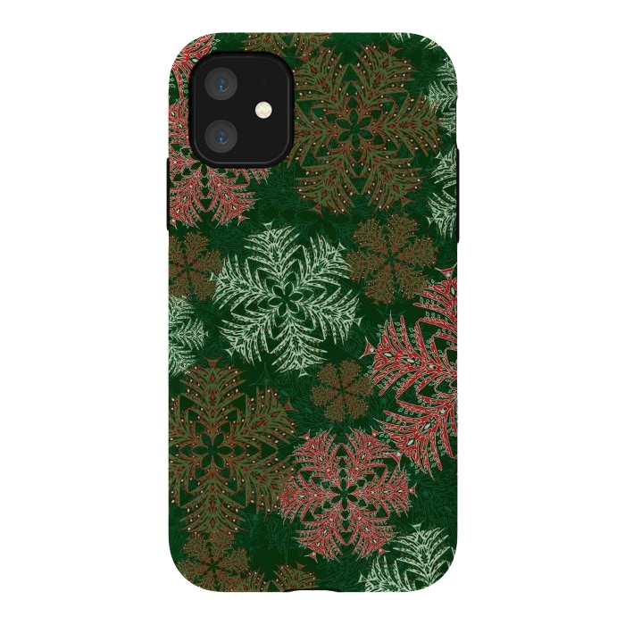 iPhone 11 StrongFit Xmas Snowflakes Red & Green by Lotti Brown