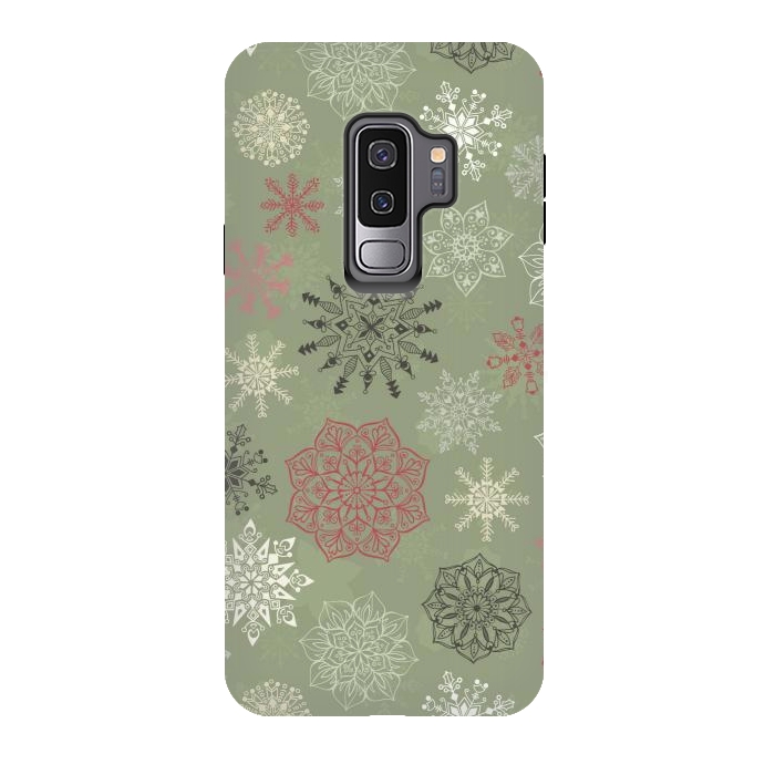 Galaxy S9 plus StrongFit Christmas Snowflakes on Dark Green by Paula Ohreen