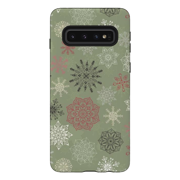Galaxy S10 StrongFit Christmas Snowflakes on Dark Green by Paula Ohreen