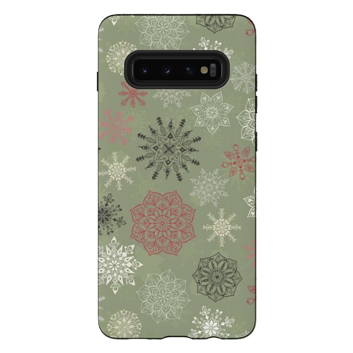 Galaxy S10 plus StrongFit Christmas Snowflakes on Dark Green by Paula Ohreen
