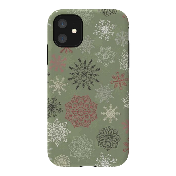 iPhone 11 StrongFit Christmas Snowflakes on Dark Green by Paula Ohreen