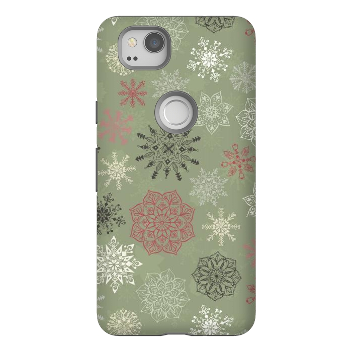 Pixel 2 StrongFit Christmas Snowflakes on Dark Green by Paula Ohreen