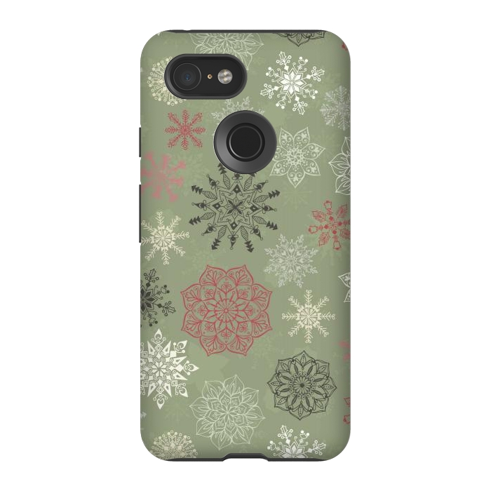 Pixel 3 StrongFit Christmas Snowflakes on Dark Green by Paula Ohreen