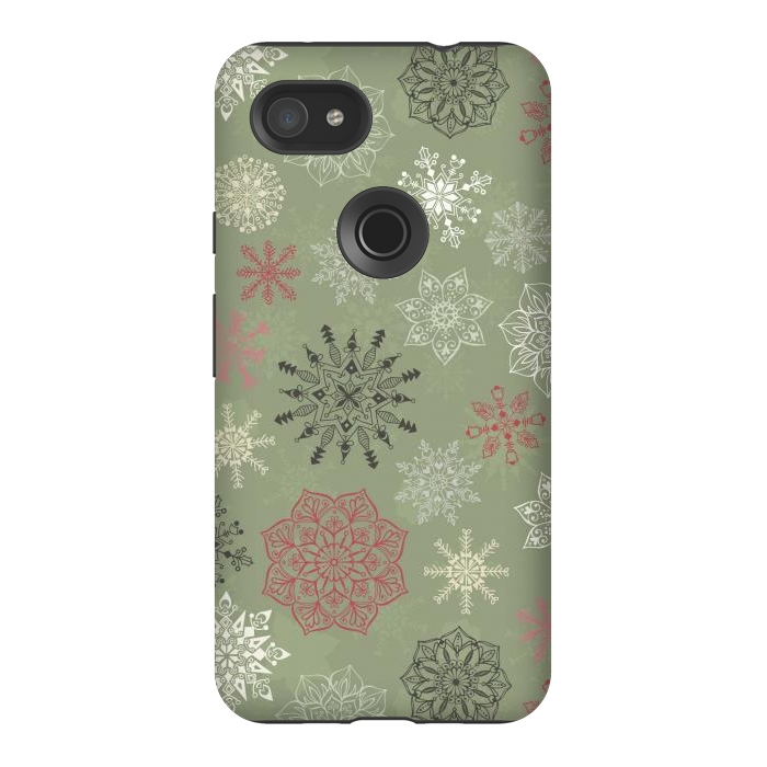 Pixel 3AXL StrongFit Christmas Snowflakes on Dark Green by Paula Ohreen