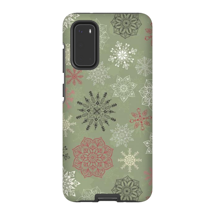 Galaxy S20 StrongFit Christmas Snowflakes on Dark Green by Paula Ohreen