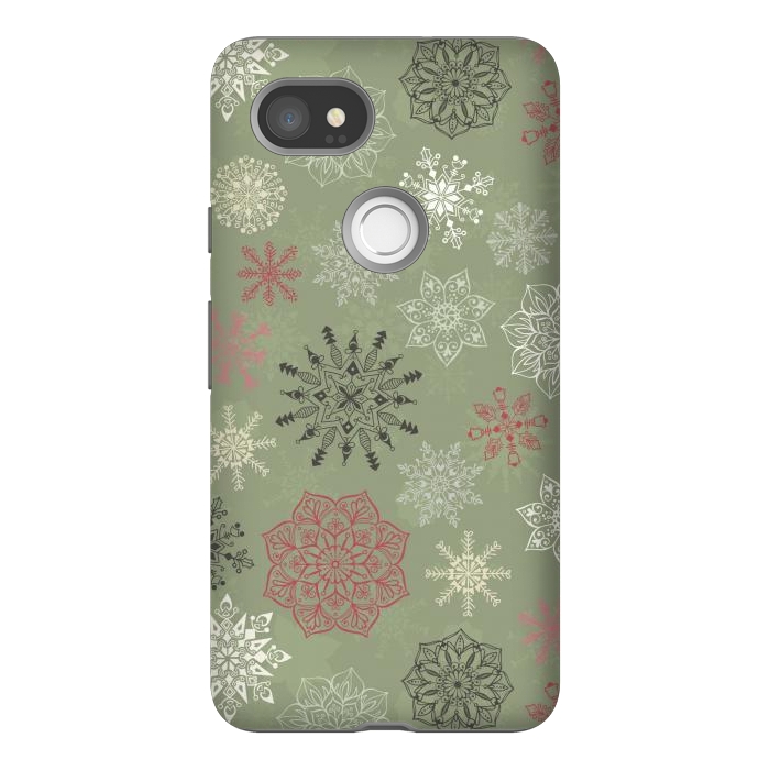 Pixel 2XL StrongFit Christmas Snowflakes on Dark Green by Paula Ohreen