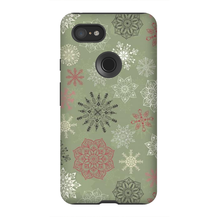 Pixel 3XL StrongFit Christmas Snowflakes on Dark Green by Paula Ohreen