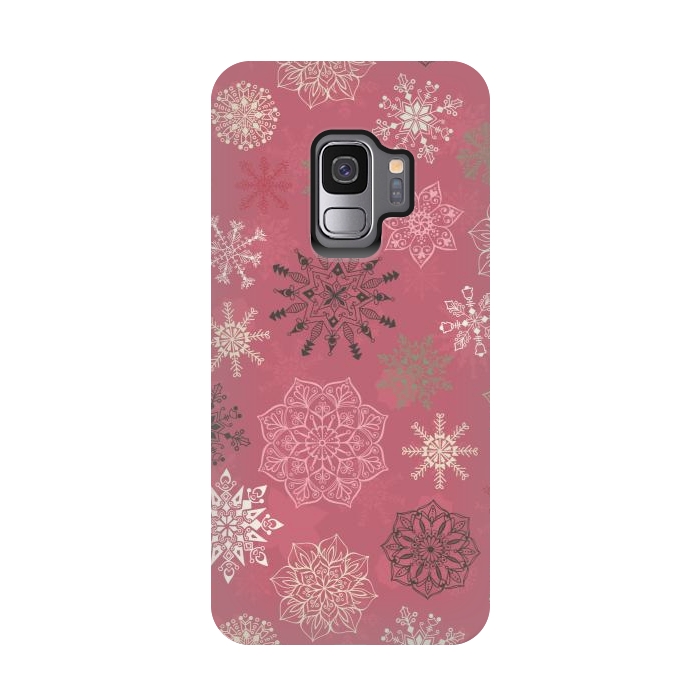 Galaxy S9 StrongFit Christmas Snowflakes on Pink by Paula Ohreen