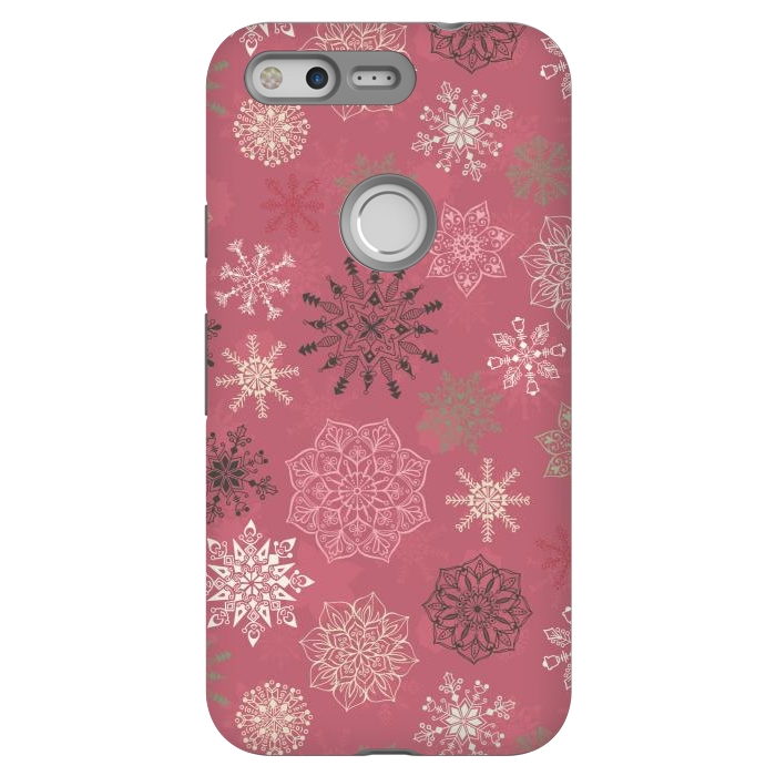 Pixel StrongFit Christmas Snowflakes on Pink by Paula Ohreen