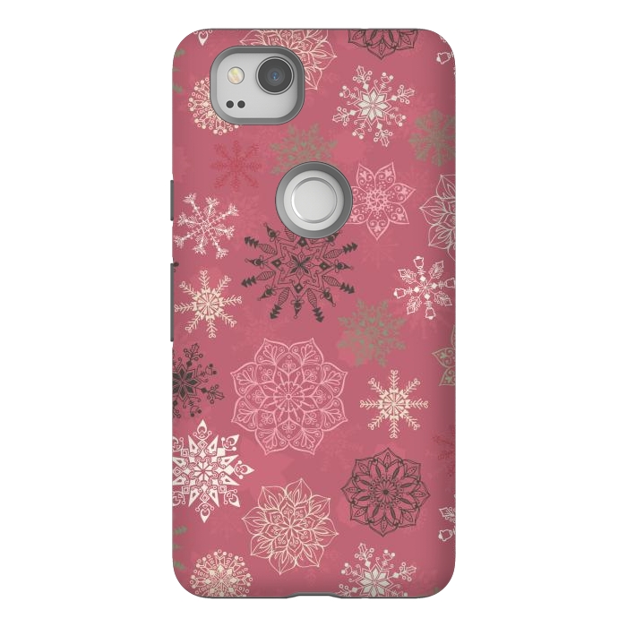 Pixel 2 StrongFit Christmas Snowflakes on Pink by Paula Ohreen
