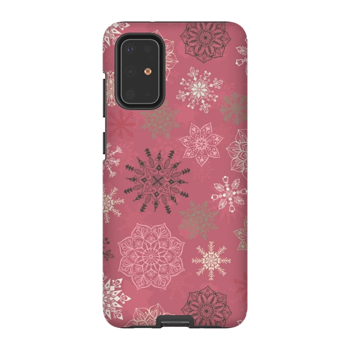 Galaxy S20 Plus StrongFit Christmas Snowflakes on Pink by Paula Ohreen