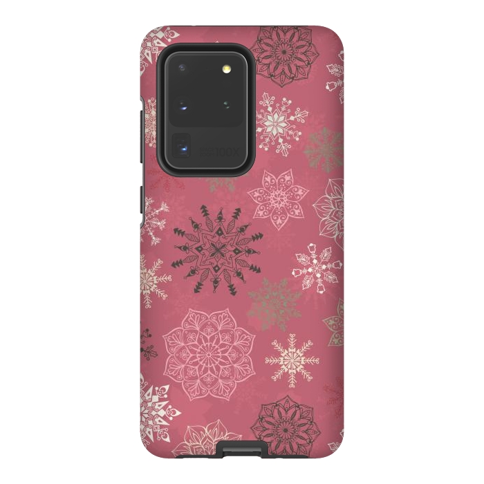 Galaxy S20 Ultra StrongFit Christmas Snowflakes on Pink by Paula Ohreen