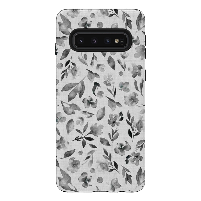 Galaxy S10 StrongFit Watercolor Textured Floral Toss - Black and White by Paula Ohreen