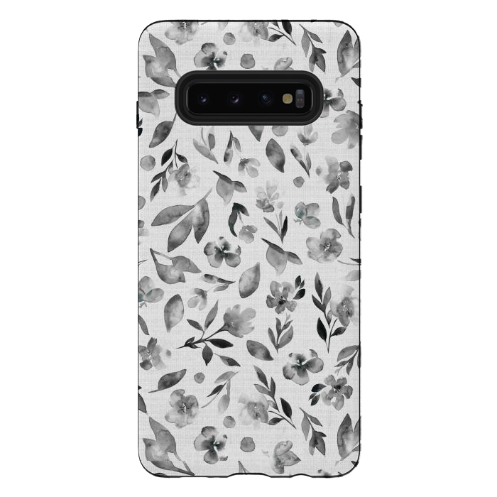 Galaxy S10 plus StrongFit Watercolor Textured Floral Toss - Black and White by Paula Ohreen