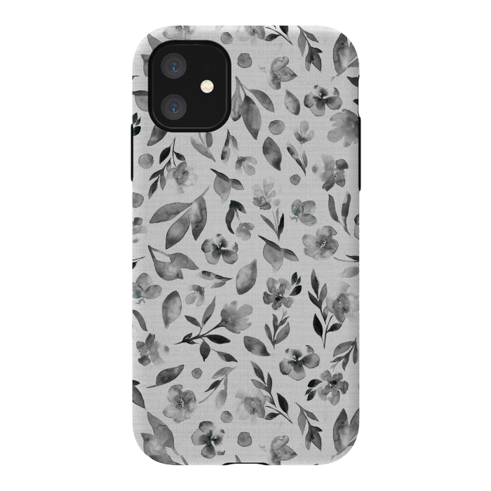 iPhone 11 StrongFit Watercolor Textured Floral Toss - Black and White by Paula Ohreen