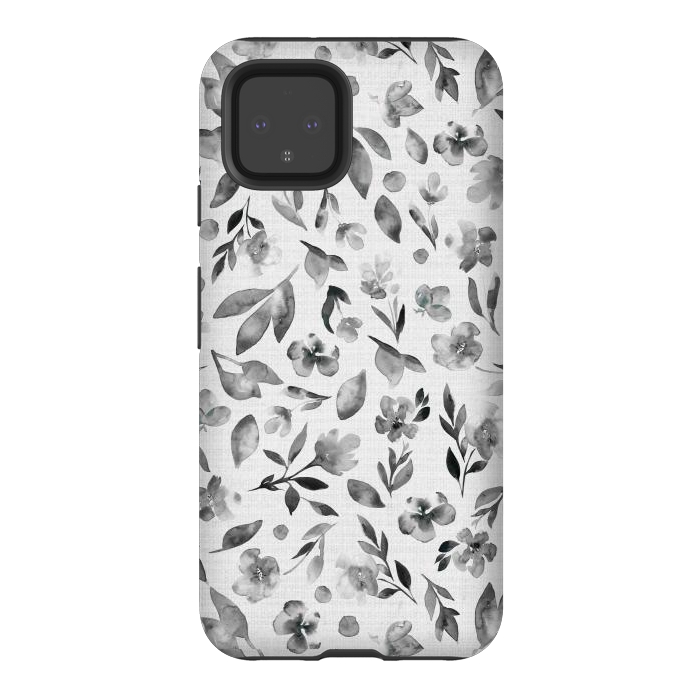 Pixel 4 StrongFit Watercolor Textured Floral Toss - Black and White by Paula Ohreen