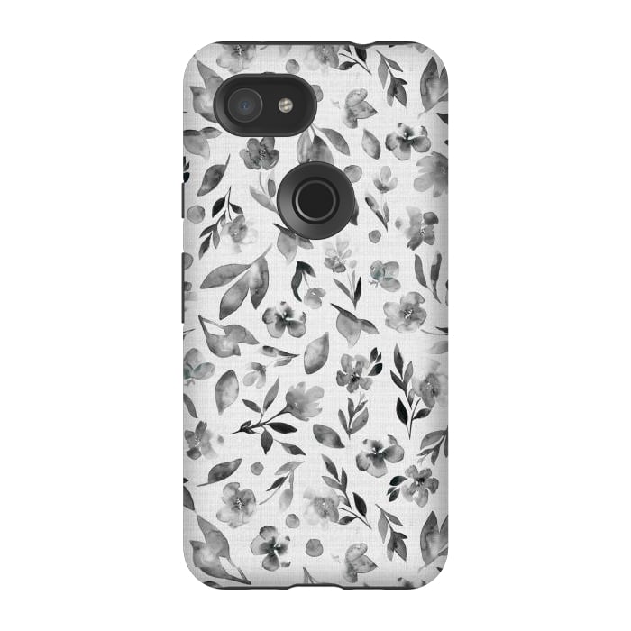 Pixel 3A StrongFit Watercolor Textured Floral Toss - Black and White by Paula Ohreen