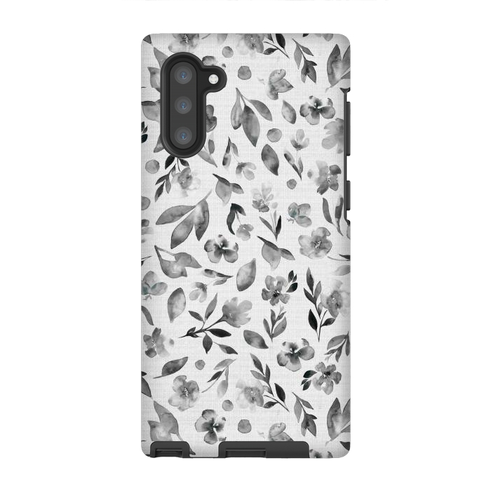 Galaxy Note 10 StrongFit Watercolor Textured Floral Toss - Black and White by Paula Ohreen