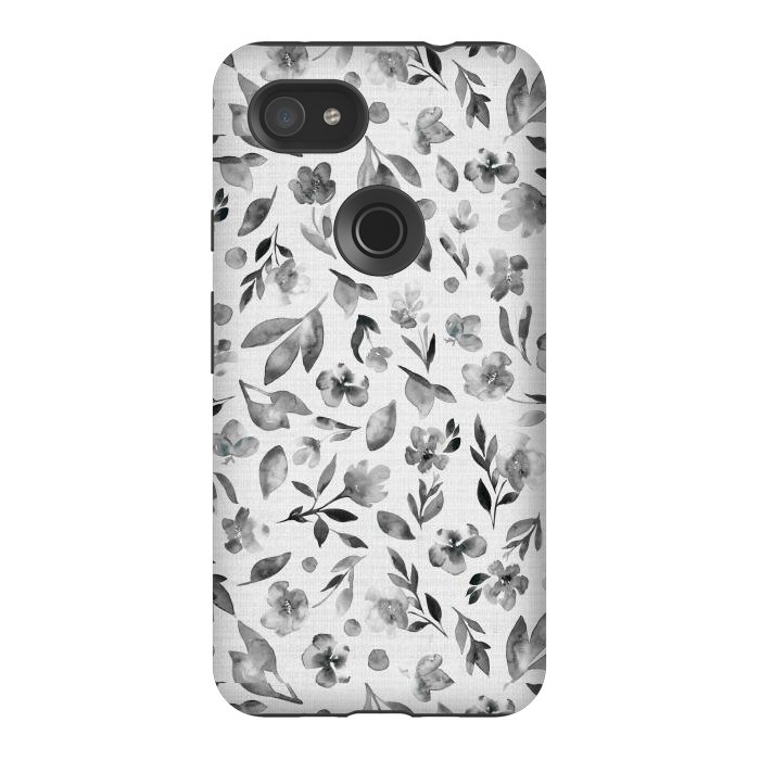Pixel 3AXL StrongFit Watercolor Textured Floral Toss - Black and White by Paula Ohreen