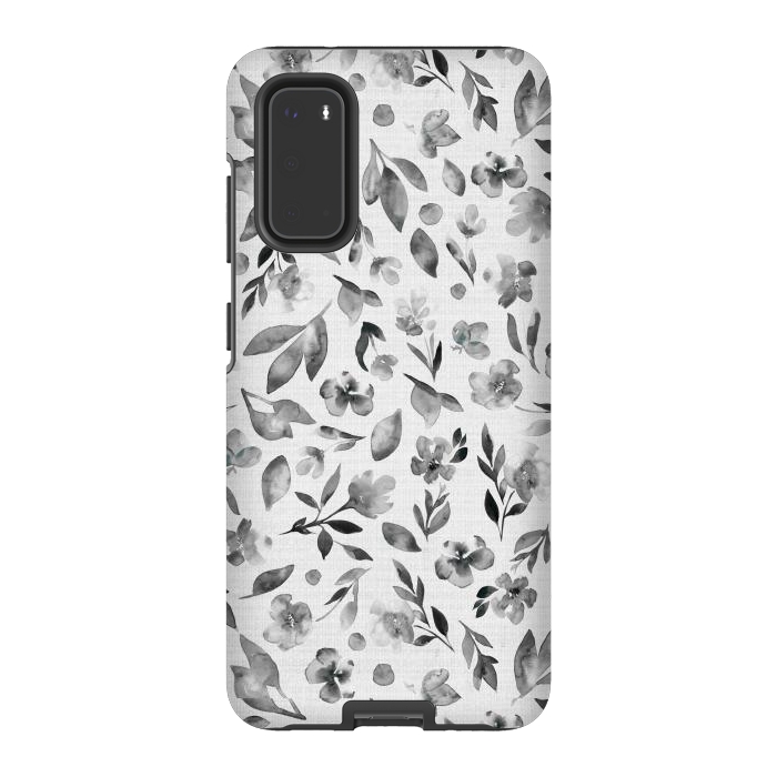 Galaxy S20 StrongFit Watercolor Textured Floral Toss - Black and White by Paula Ohreen