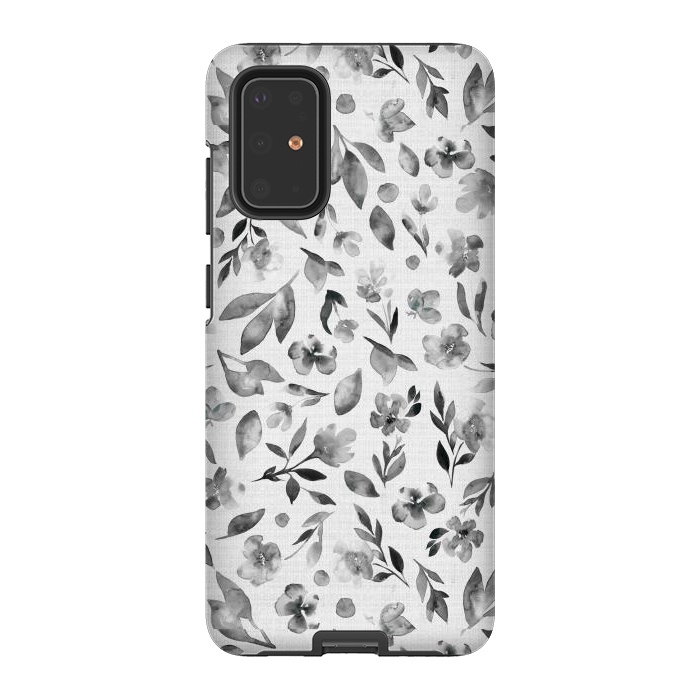Galaxy S20 Plus StrongFit Watercolor Textured Floral Toss - Black and White by Paula Ohreen