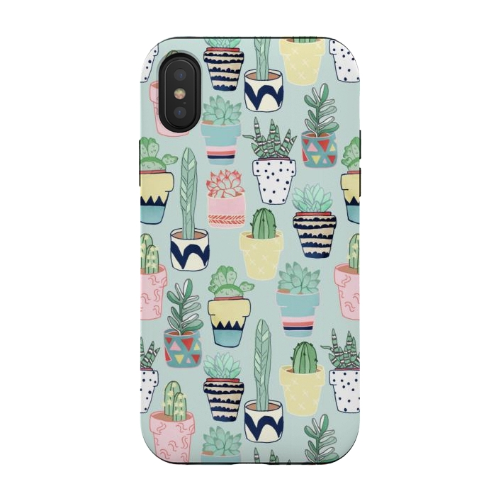iPhone Xs / X StrongFit Cute Cacti In Pots on Mint Green by Tangerine-Tane